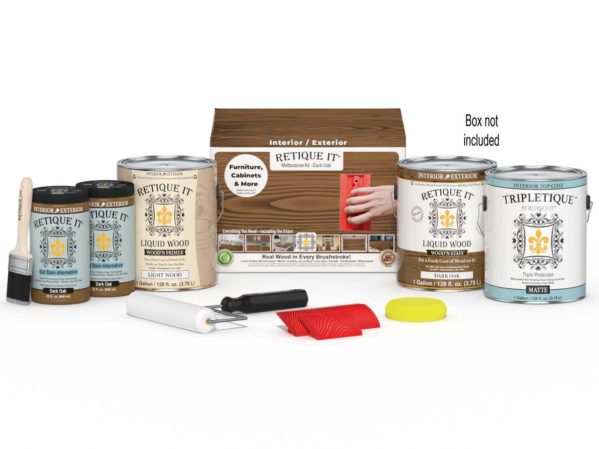 Retique It® Wood'n Kit Multi-purpose Dark Oak interior top coat with four large bottles and applicator tools in box.