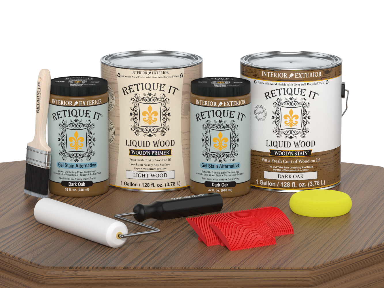 Retique It® Wood'n Finish Kit in Dark Oak with four large containers, designed for multi-purpose wood finishing projects.