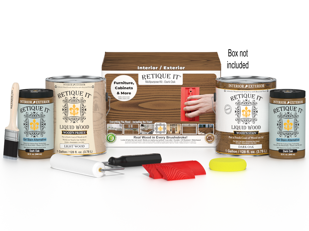 Retique It® Wood'n Finish Kit in Dark Oak with four large wood stain bottles and applicator brushes on a white background.