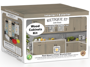 Retique It® Wood'n Cabinet Kit with 48 driftwood-grained stained cabinet doors, featuring natural wood texture and finish.
