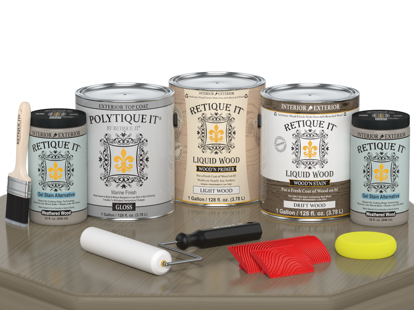 Glossy exterior wood finish kit with four large driftwood-colored woodn finish bottles by Retique It®.