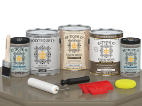 Glossy exterior wood finish kit with four large driftwood-colored woodn finish bottles by Retique It®.
