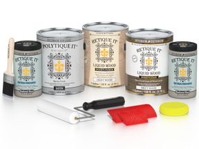 Retique It® Wood'n Kit with four large driftwood finish containers, satin exterior top coat, for multi-purpose wood finishing projects.