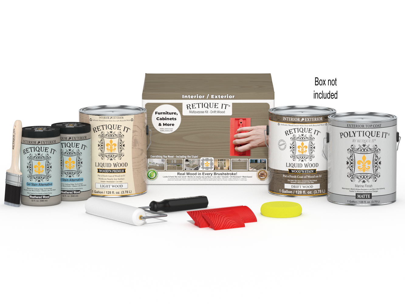 Retique It® Wood'n Finish Kit with four large driftwood exterior top coats in a box, ideal for multi-purpose wood finishing projects.