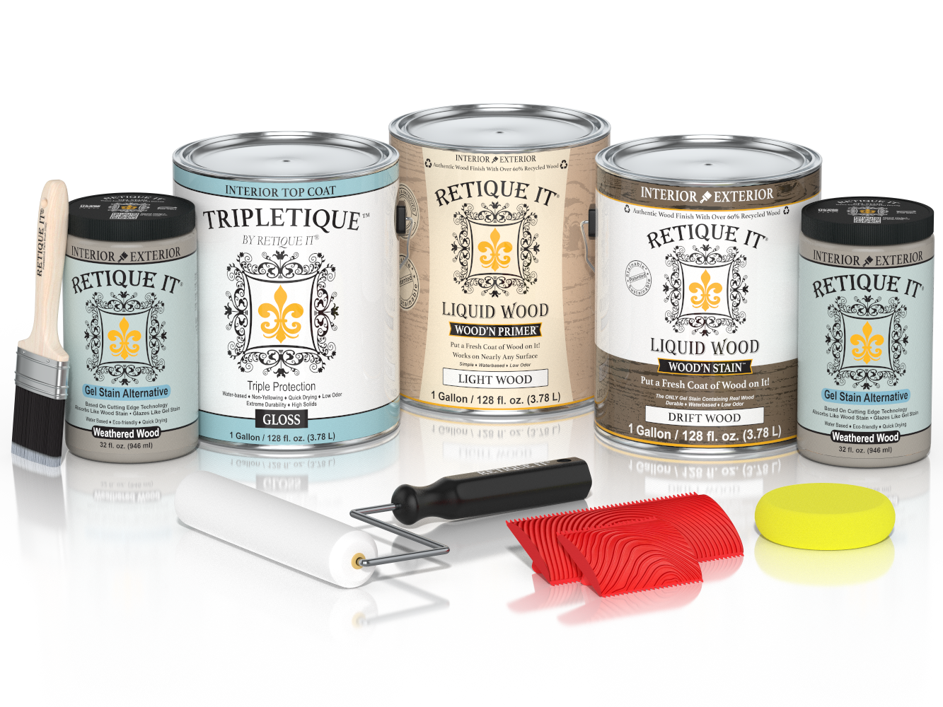 Retique It® Wood'n Finish Kit with four large driftwood-colored interior top coats, high-gloss wood finish for furniture and decor.