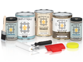 Retique It® Wood'n Finish Kit with four large driftwood-colored interior top coats, high-gloss wood finish for furniture and decor.