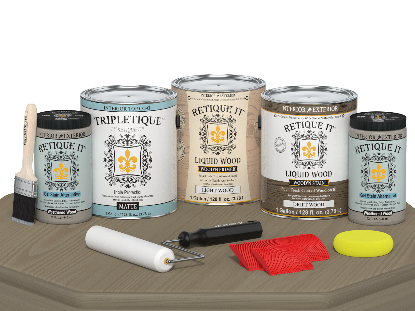 Retique It® Wood'n Kit Drift Wood interior top coat set with four large matte finish bottles on a table.