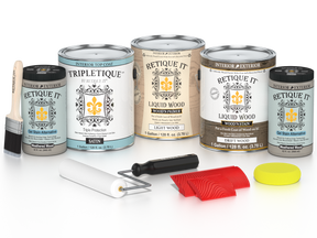 Retique It® Wood'n Kit with four large driftwood finish top coats, satin interior wood finish kit for versatile wood projects.
