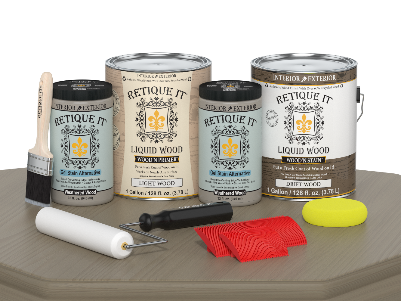 Retique It® Wood'n Kit with four large driftwood finish bottles, shown on a wooden table for multi-purpose wood finishing.