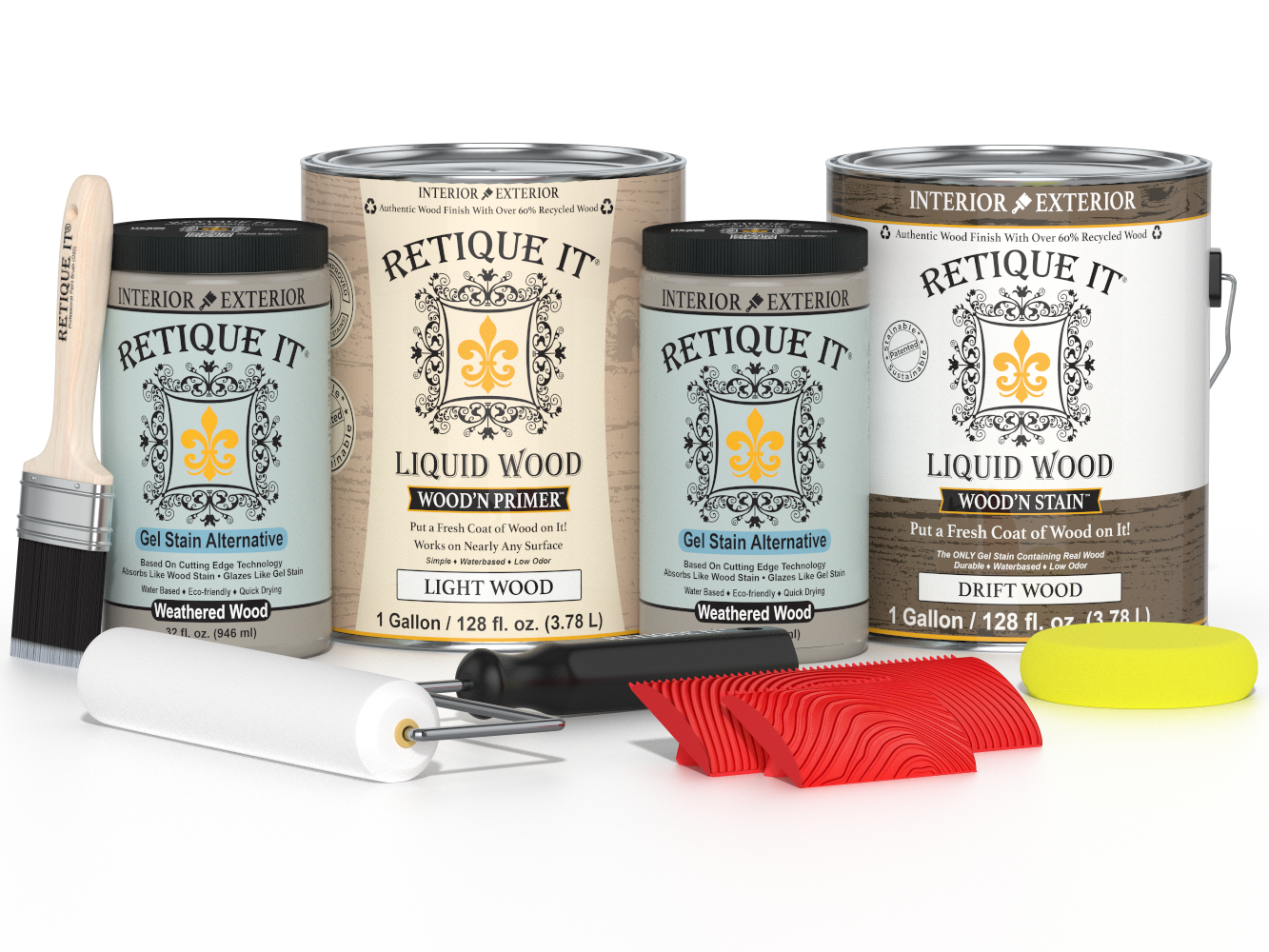 Retique It® Wood'n Finish Kit in Driftwood, 4-piece large set, with wood stain and finish products for furniture restoration.