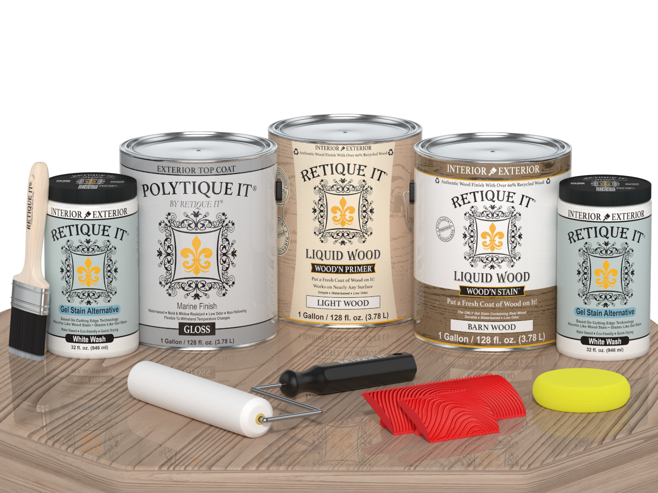 Retique It® Wood'n Kit French Oak exterior top coat in gloss finish, four large containers of wood finish on a table.