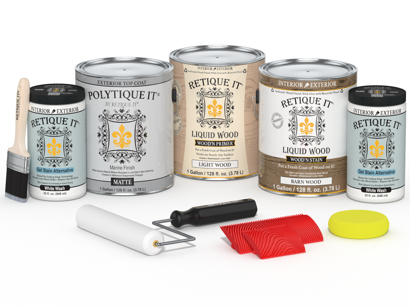 Retique It® Wood'n Finish Kit French Oak exterior top coat with four large matte wood finish bottles in a plate format.