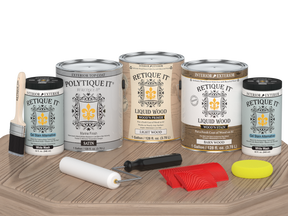 Retique It® Wood'n Finish Kit in French Oak with satin top coat, including four large containers for exterior wood finishing.