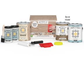 Four large French Oak Wood'n Finish Kits by Retique It® for interior top coating, displayed with packaging and application tools.