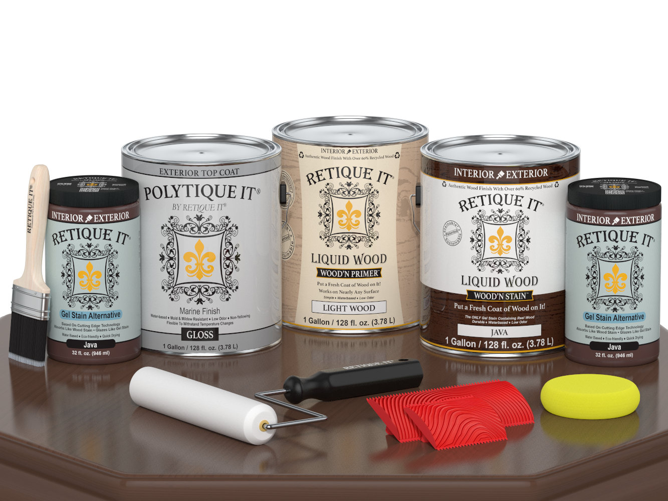 Retique It® Wood'n Finish Kit Java, exterior top coat in a large package, shown in a glossy finish on a wooden surface.