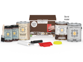 Retique It® Wood'n Kit Java exterior top coat with four large finish bottles and applicator box for wood finishing projects.