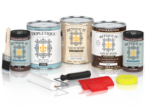Glossy Java-colored wood finish kit from Retique It® Wood'n Finish Kits, includes four large interior top coat containers.