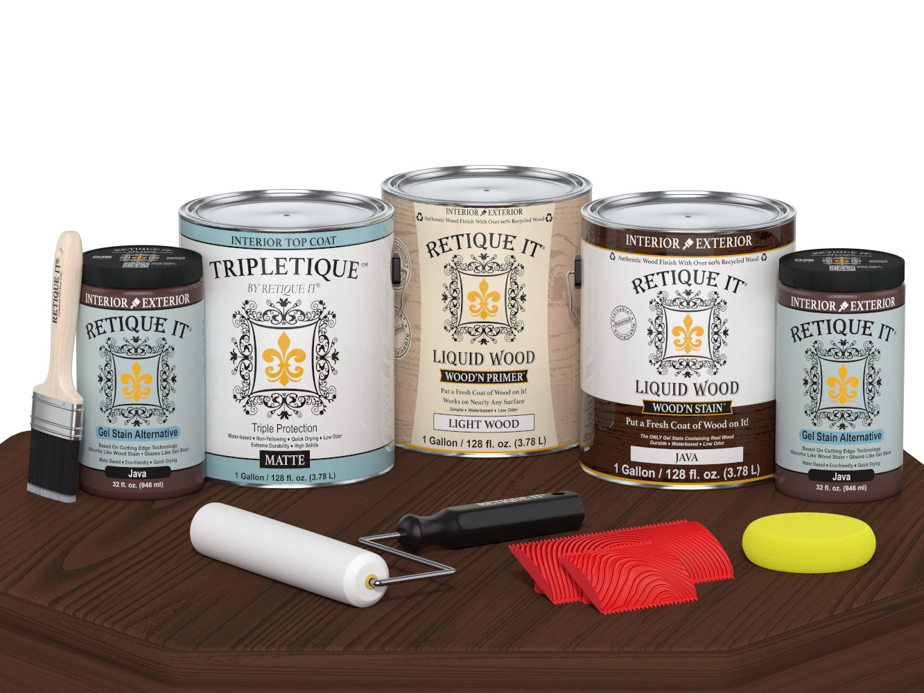 Retique It® Wood'n Cabinet Kit Java stain with 48 grained cabinet doors, matte finish, displayed on a table.