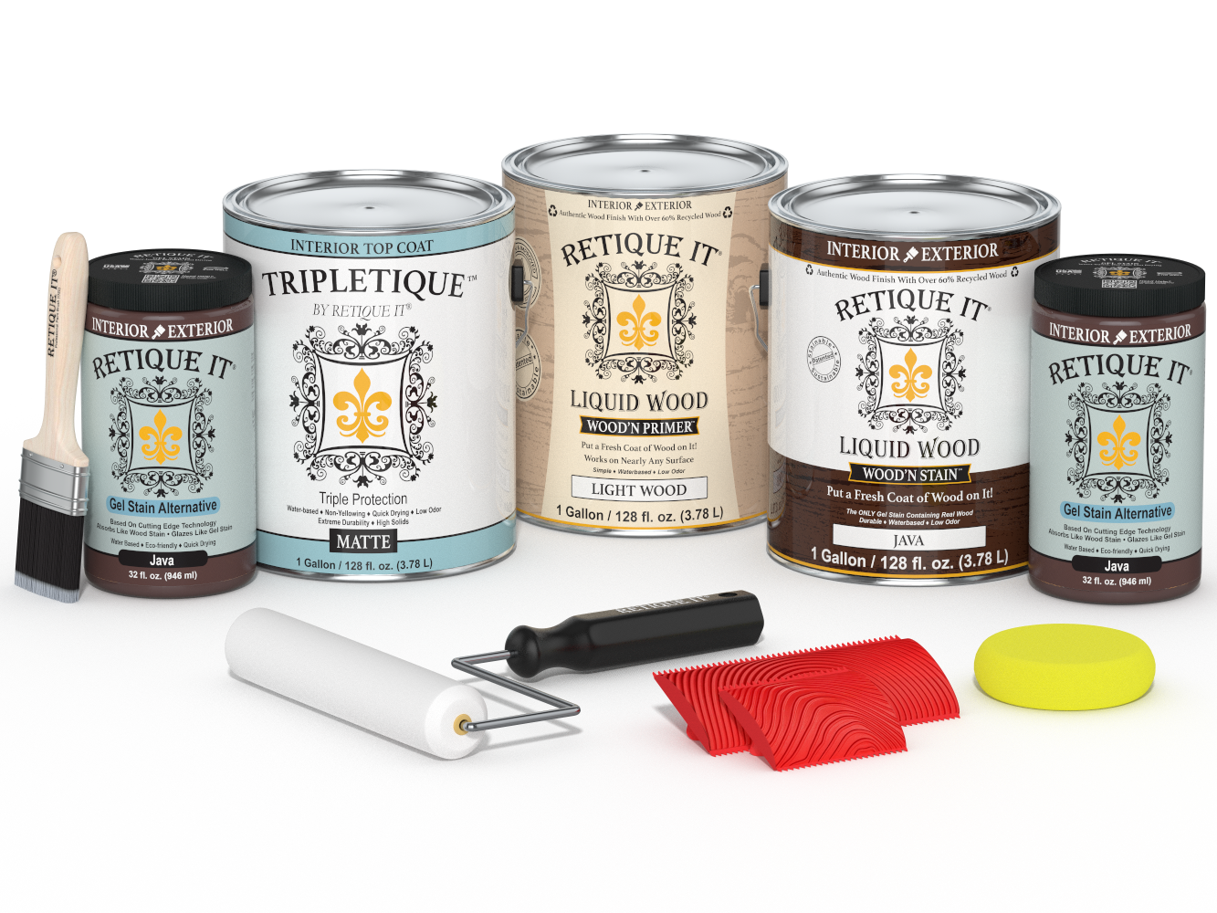Retique It® Wood'n Finish Kit Java interior top coat with four large matte wood finish bottles for versatile wood projects.