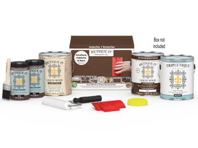 Four large Java Wood'n Finish Kits by Retique It® for interior top coating, with wood finish bottles and application tools visible.