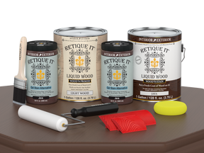 Retique It® Wood'n Finish Kit in Red Mahogany with four large bottles, shown on a wooden table for multi-purpose wood finishing.