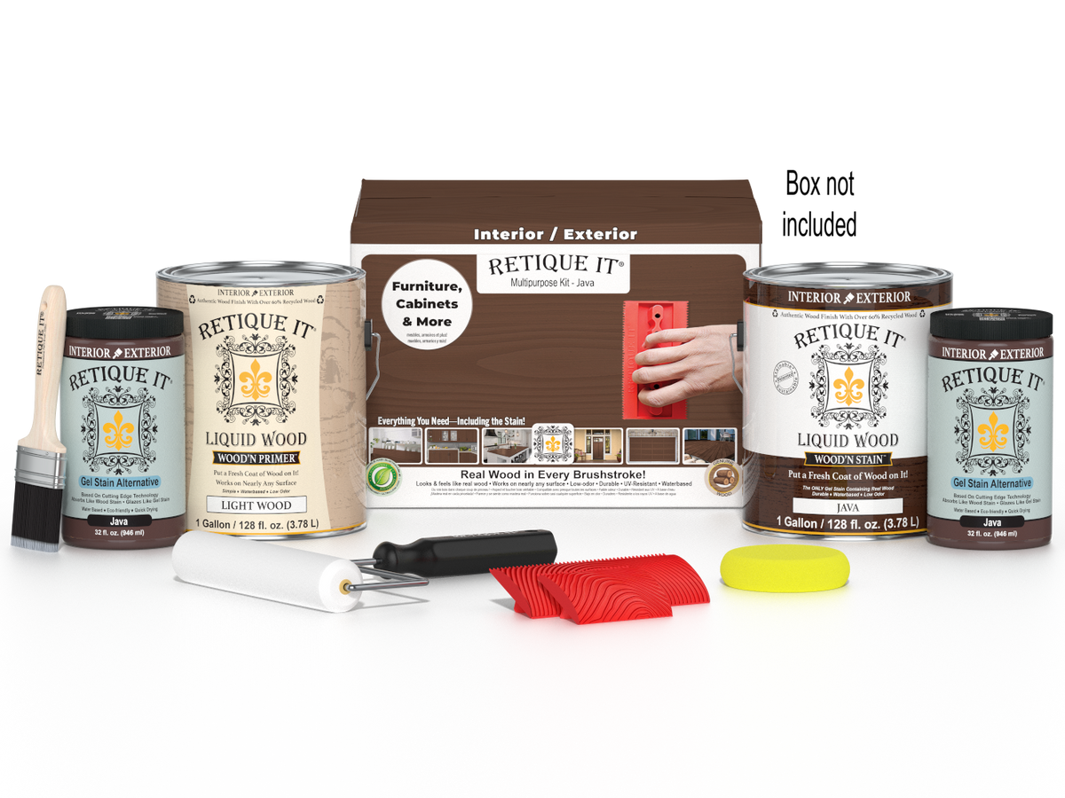 Retique It® Wood'n Finish Kit in Red Mahogany, multi-purpose wood finishing set with four large containers, shown with packaging.