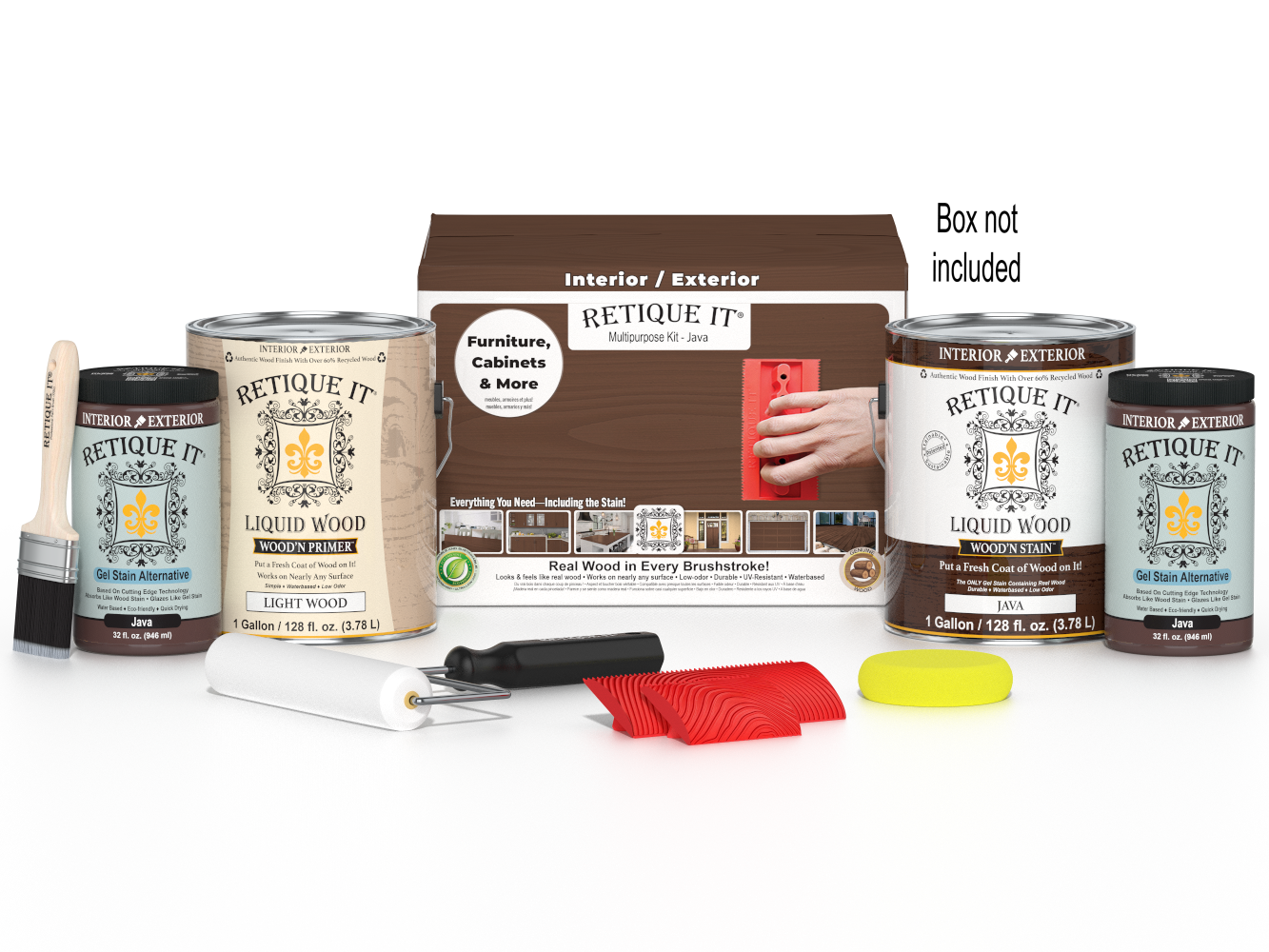 Retique It® Wood'n Finish Kit in Red Mahogany, multi-purpose wood finishing set with four large containers, shown with packaging.