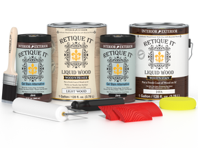 Retique It Wood'n Finish Kit Java with four large wood finishing products, showing bottles with Java stain and finish options.