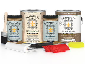 Retique It® Wood'n Finish Kit in Modern Walnut with four large containers, displayed with wood sample for multi-purpose wood finishing.