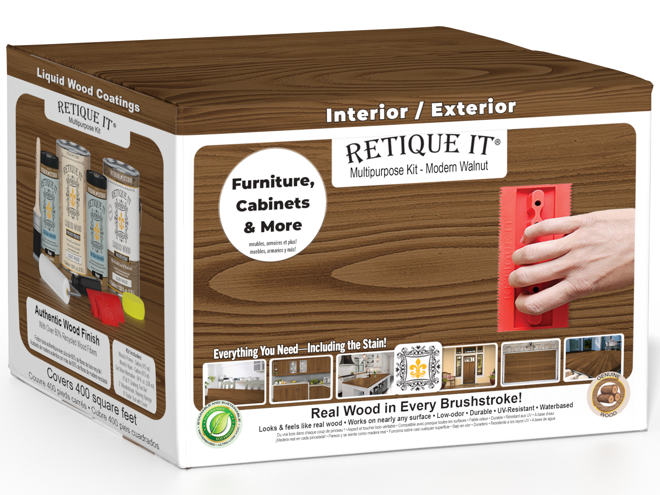 Retique It® Wood'n Kit in modern walnut with interior topcoat, featuring four large wood finish bottles in a sleek box.