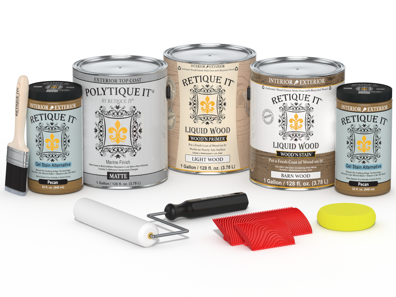 Retique It® Wood'n Finish Kit in Modern Walnut with exterior topcoat, featuring four large wood finishing tools in matte finish.