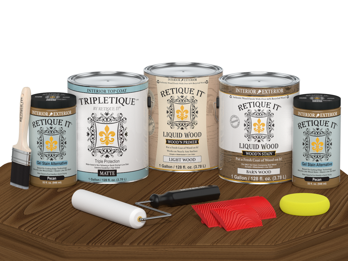 Retique It® Wood'n Finish Kit in Modern Walnut with matte topcoat, showing four large wood finishing bottles on a table.