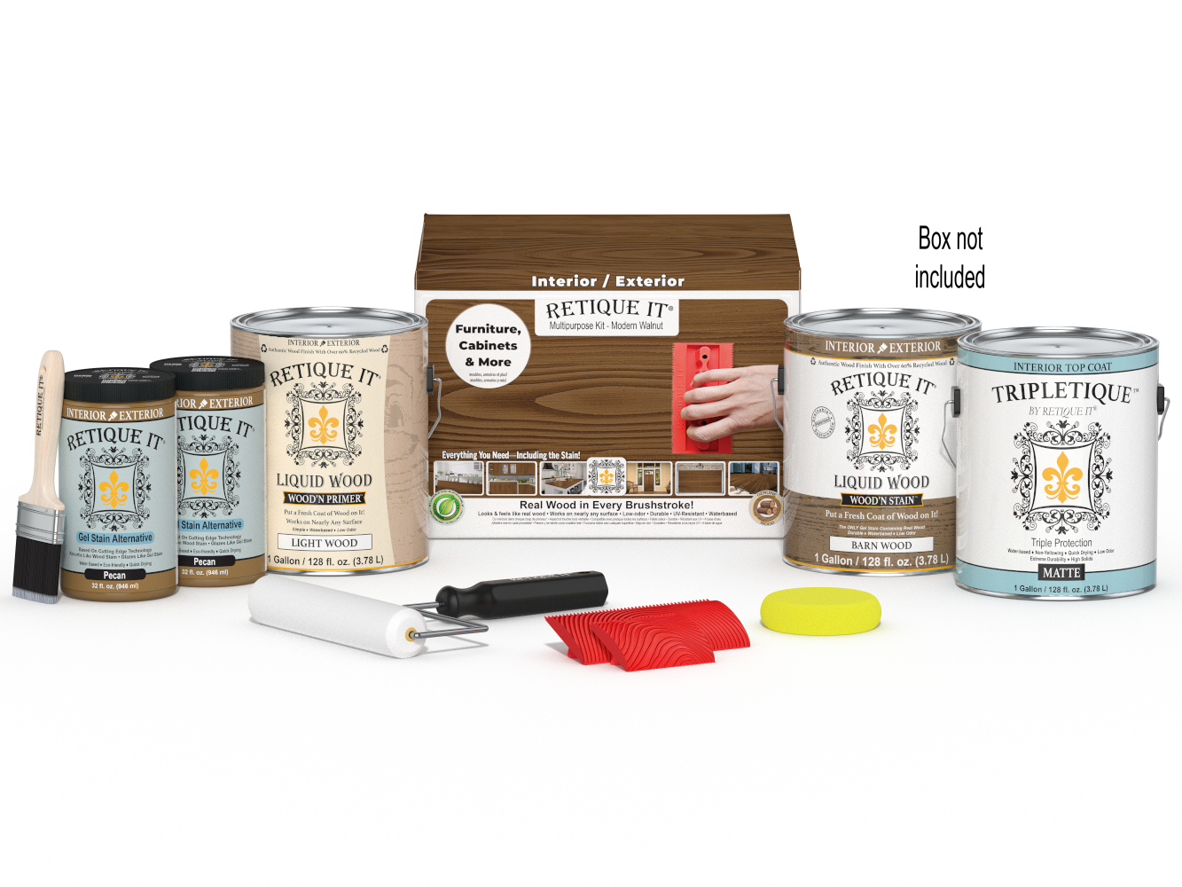 Retique It® Wood'n Finish Kit in Modern Walnut with interior topcoat, featuring four large wood finishing products in a box.