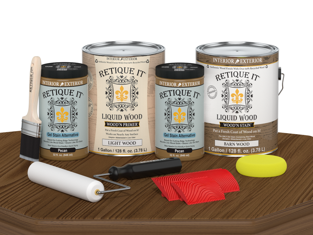 Retique It® Wood'n Finish Kit in walnut, 4 large multi-purpose wood finishing products displayed on a table.
