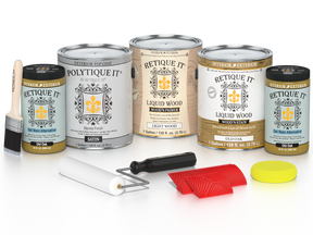 Retique It® Wood'n Finish Kit in Old Oak with satin top coat, featuring four large wood treatment containers for exterior use