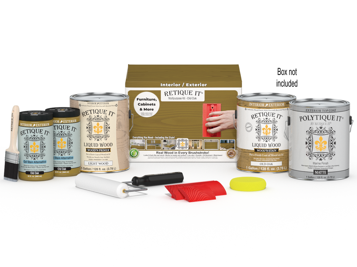 Retique It® Wood'n Finish Kit in Old Oak with four large containers, designed for exterior wood top coating and finishing.