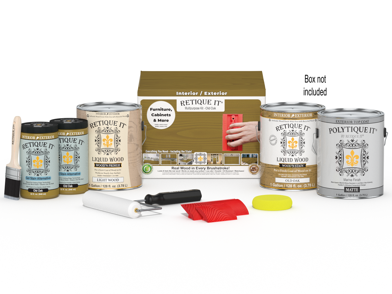 Retique It® Wood'n Finish Kit in Old Oak with four large containers, designed for exterior wood top coating and finishing.