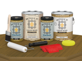 Retique It® Wood'n Cabinet Kit in Old Oak stain featuring 48 grained cabinet doors on a table display.