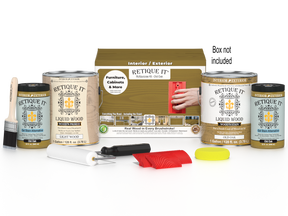 Retique ItÂ® Wood'n Finish Kit in Old Oak with four large wood stain samples and application tools for multi-purpose wood finishing.