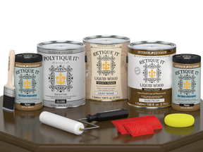Dark Pecan Wood'n Finish Kit by Retique It®, exterior top coat set with four large wood finishing products on table.