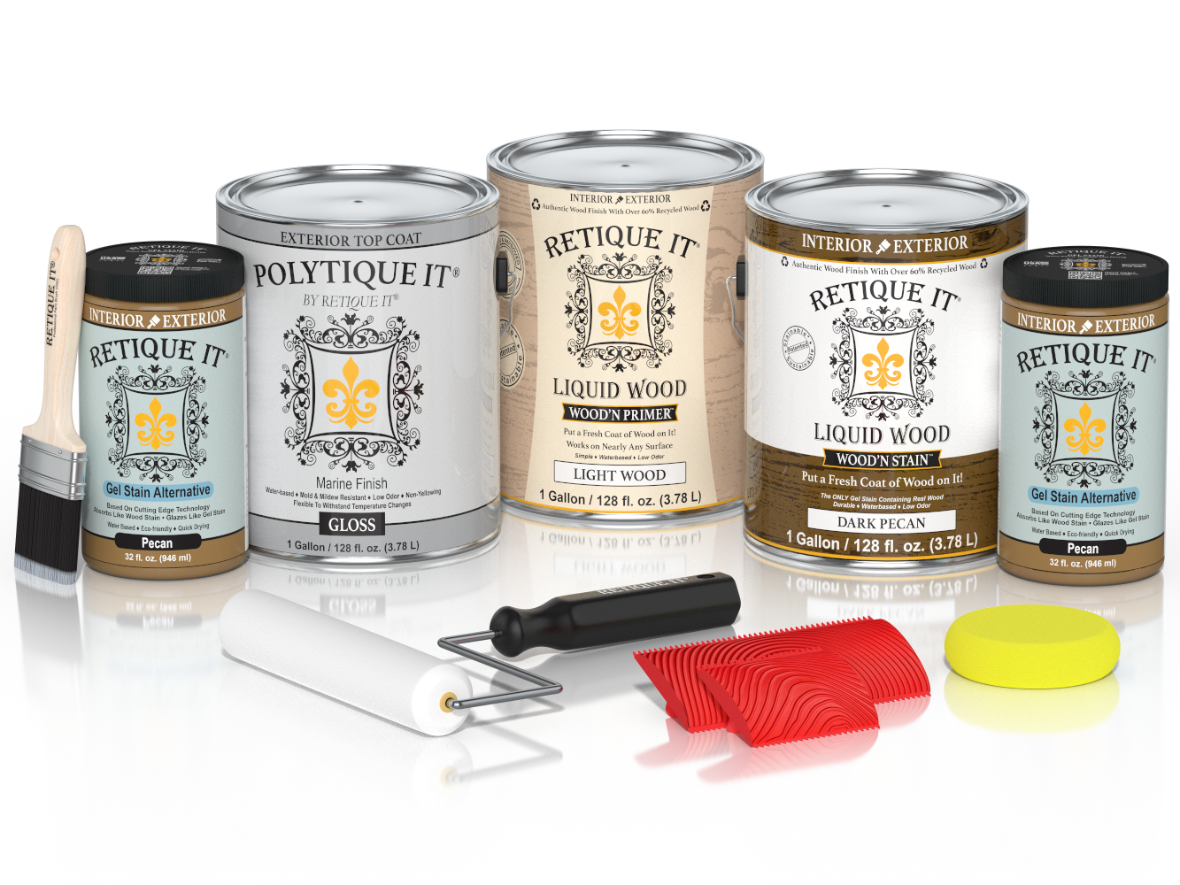 Retique It® Wood'n Finish Kit in Dark Pecan with four large exterior top coat containers, designed for wood finishing projects.