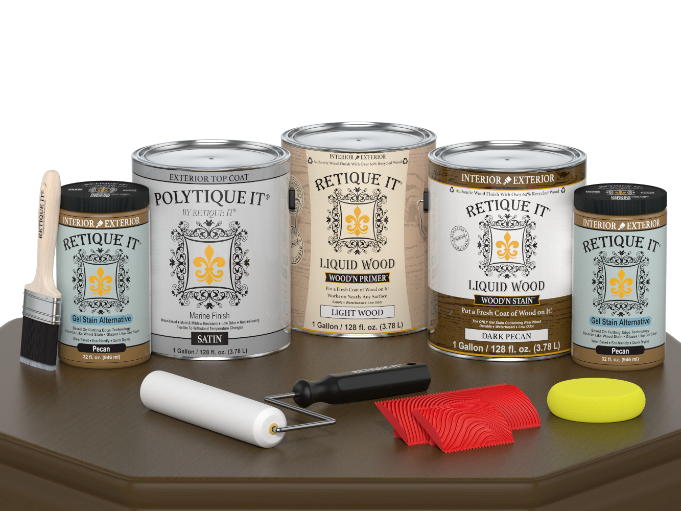 Retique It® Wood'n Kit in Dark Pecan with satin finish, featuring four large exterior top coat wood finish containers.