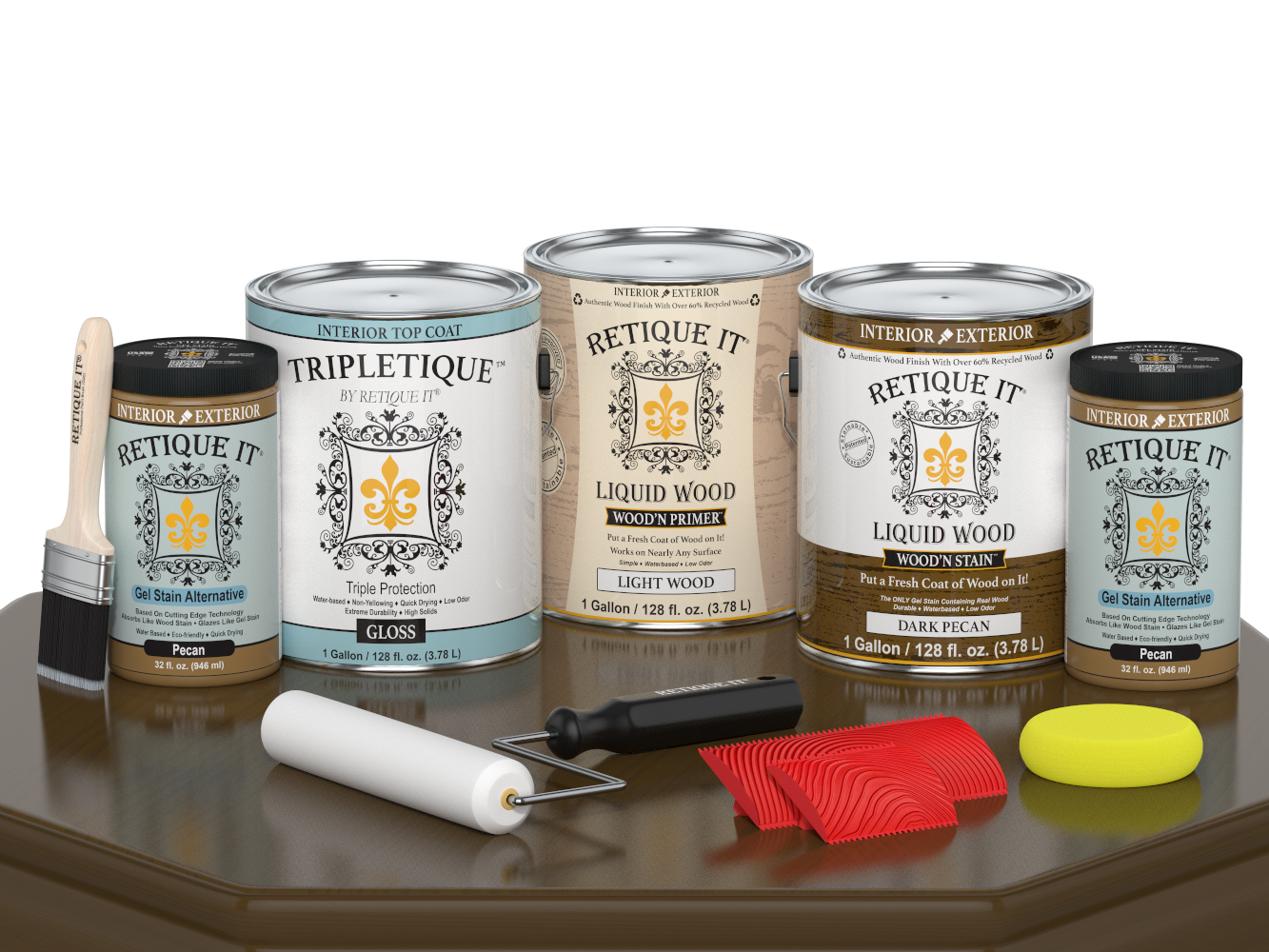 Retique It® Wood'n Finish Kit in Dark Pecan, interior top coat for wood furniture, with four large bottles in a glossy finish.