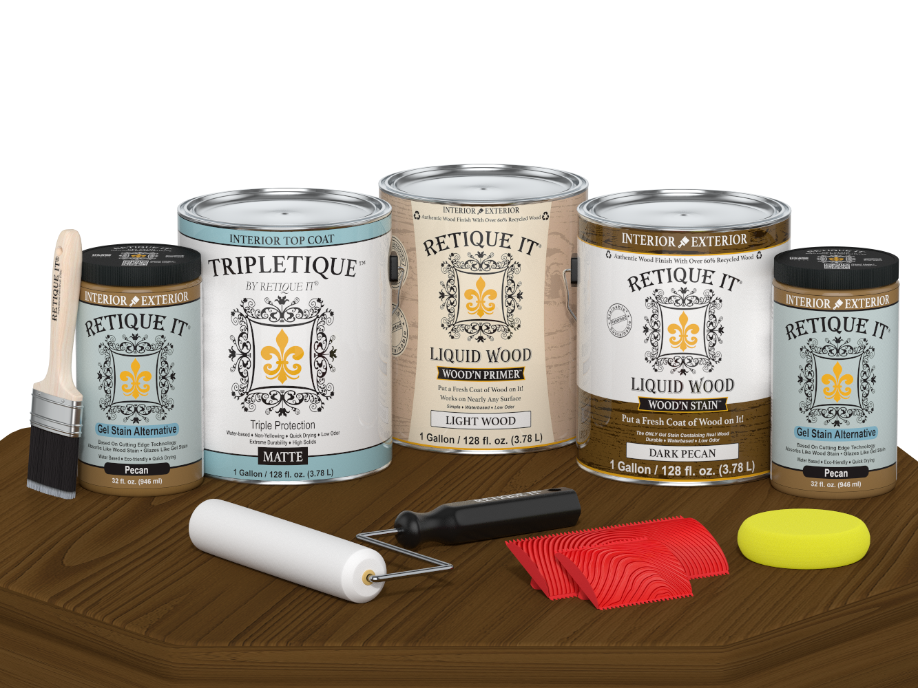 Dark Pecan Wood'n Cabinet Kit stain by Retique It® with a matte finish, featuring 48 grained cabinet doors on a table.