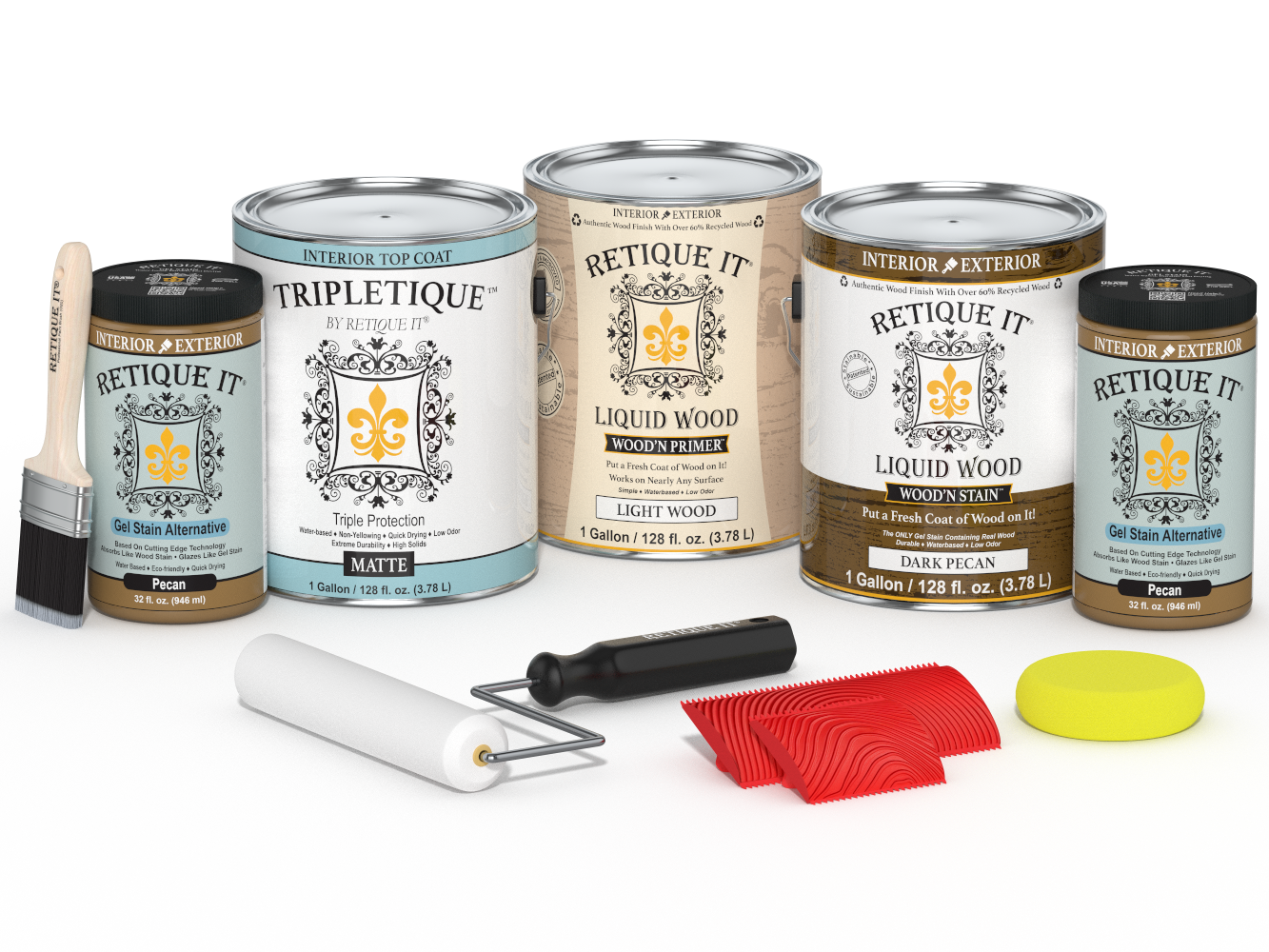 Retique It® Wood'n Kit in Dark Pecan with matte finish, includes four large containers of interior top coat for wood finishing.