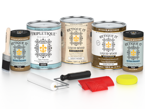 Retique It® Wood'n Kit in Dark Pecan with satin finish, featuring four large containers of interior top coat for wood finishing.