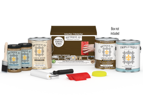 Retique It® Wood'n Kit in Dark Pecan with four large interior top coat bottles and applicator box for wood finishing projects.