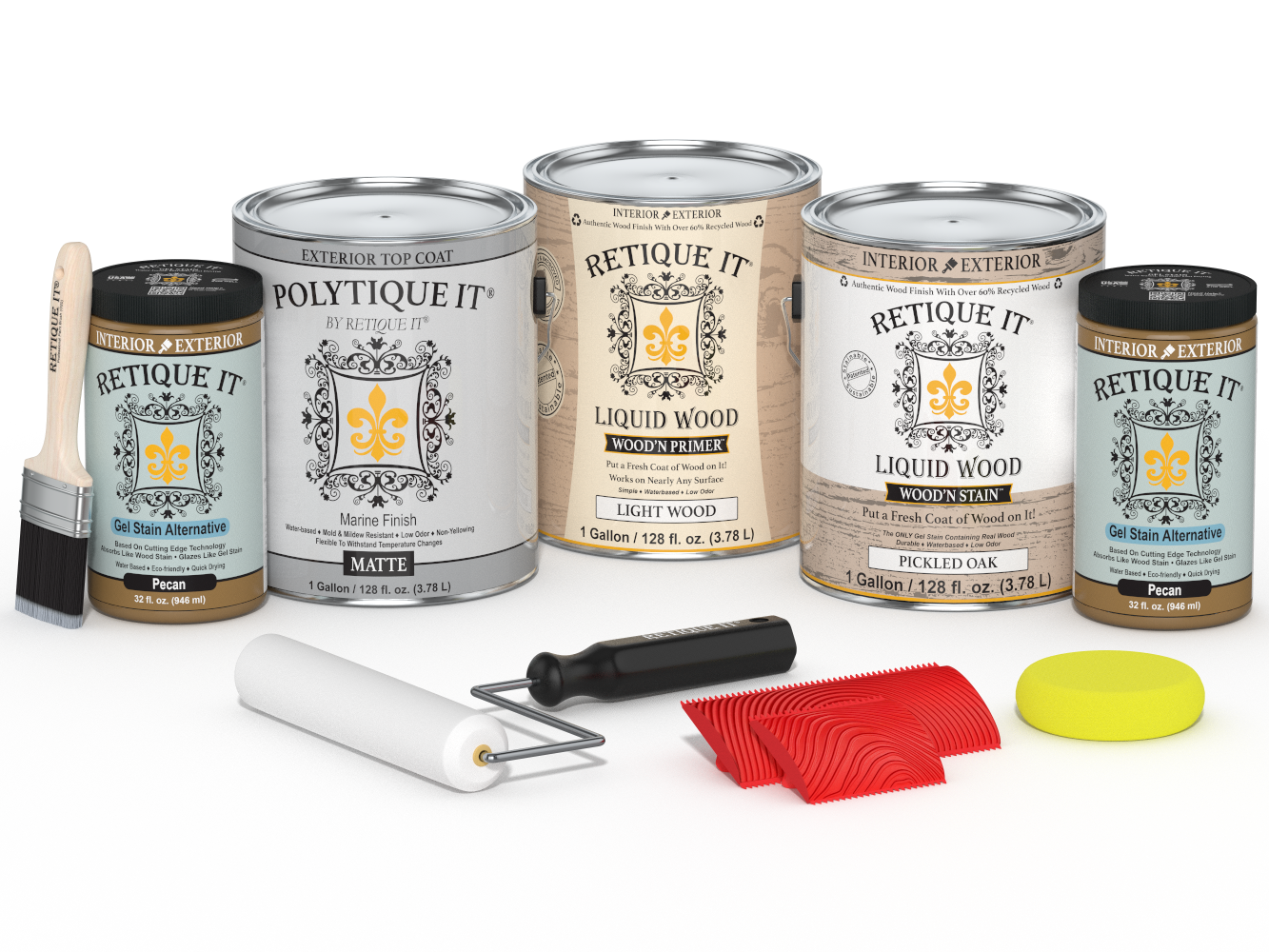 Retique It® Wood'n Finish Kit in Pickled Oak for exterior wood, includes four large matte top coat containers.
