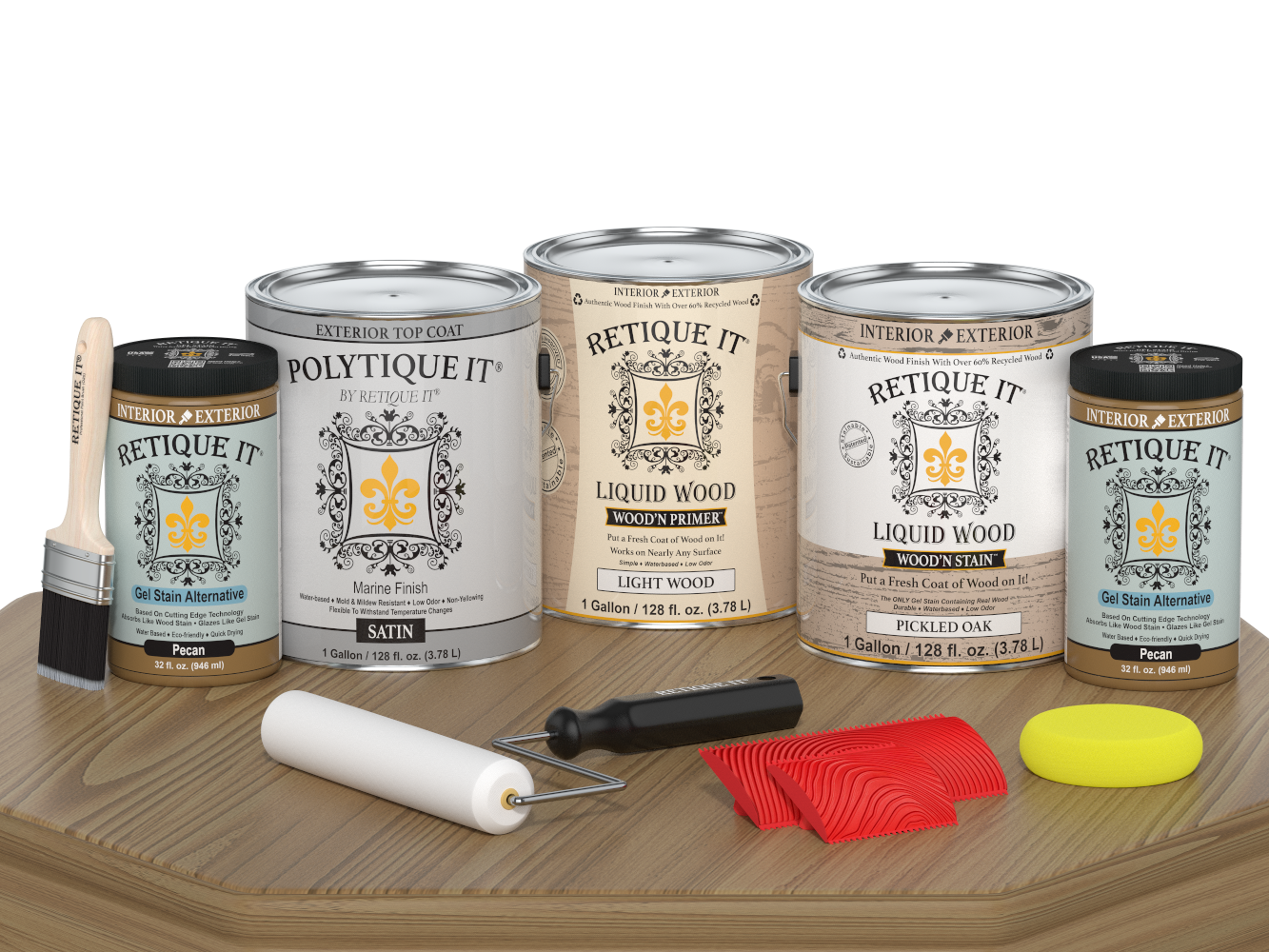 Retique It® Wood'n Kit Pickled Oak exterior top coat set with four large containers, satin finish on a wooden table.