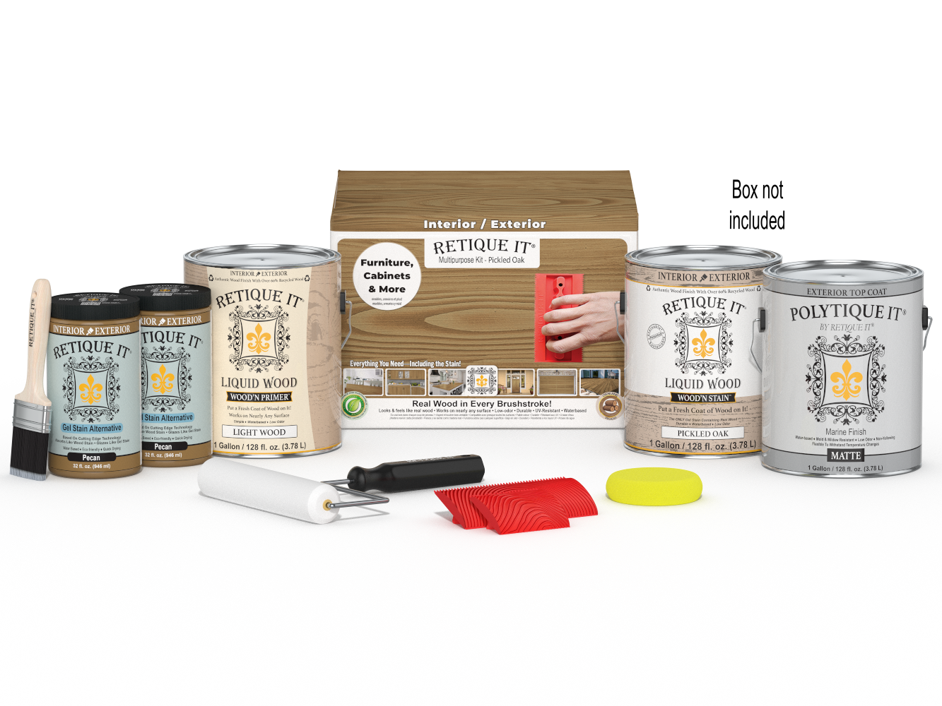 Retique It® Wood'n Finish Kit with four pickled oak exterior top coat bottles and applicator box for wood finishing projects.